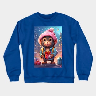 Cute Monkey with Christmas Present Crewneck Sweatshirt